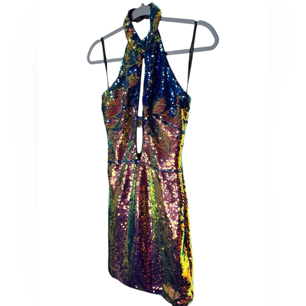 Rachel Allan Iridescent Sequin Halter Backless Mini Dress - Picture 2 of 6